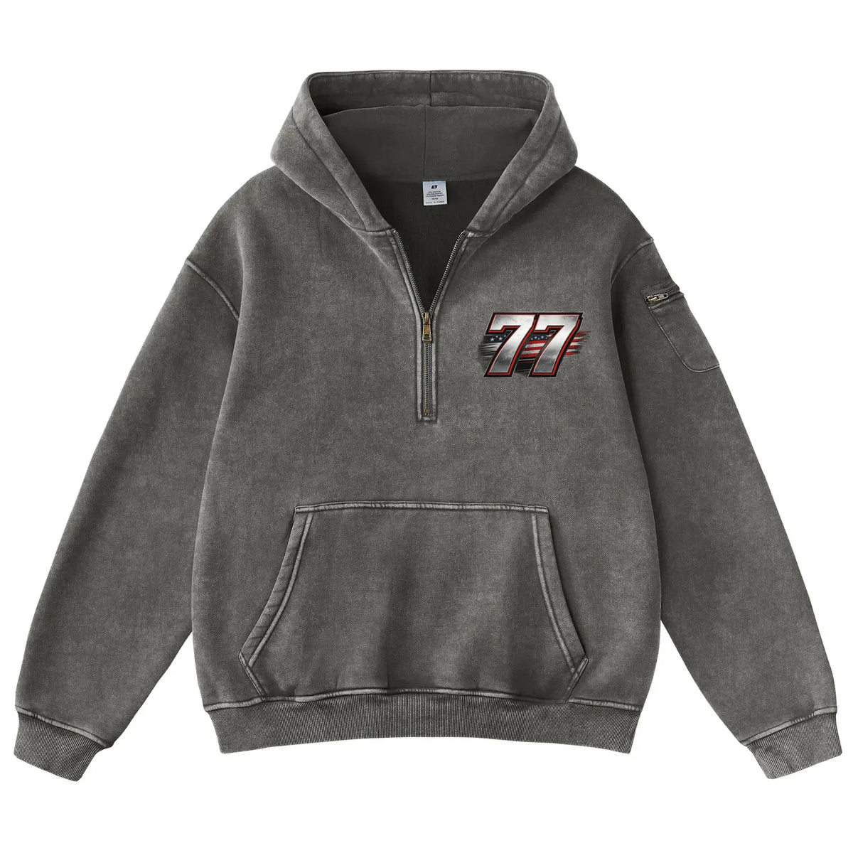 Vintage-wash heavyweight fleece half-zip hoodie (unisex), featuring a kangaroo pocket and an integrated earphone cord pocket; blending casual aesthetics with street style, it offers both comfort and versatility.