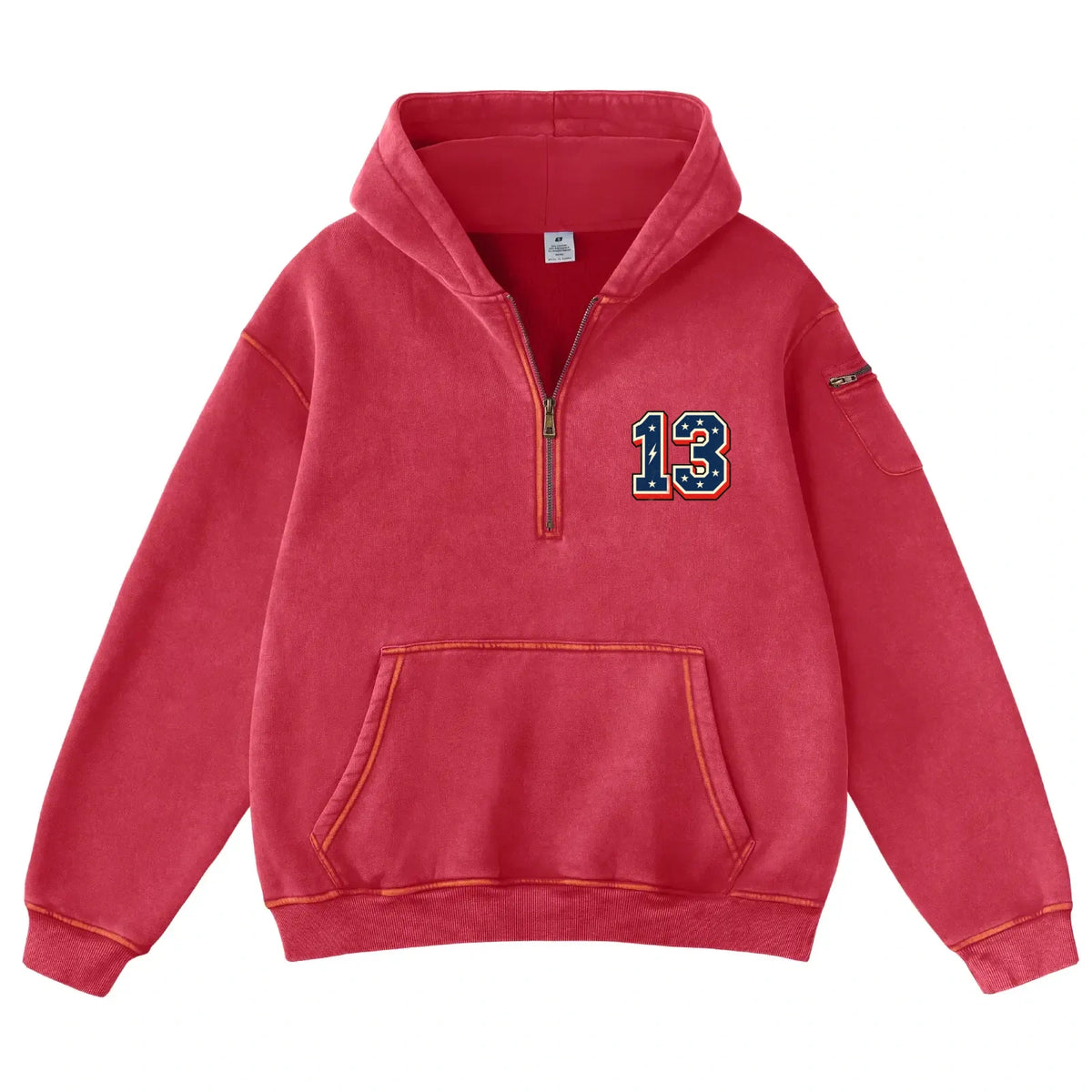 Vintage-wash heavyweight fleece half-zip hoodie (unisex), featuring a kangaroo pocket and an integrated earphone cord pocket; blending casual aesthetics with street style, it offers both comfort and versatility.