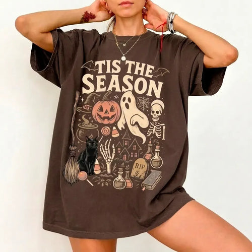 "Halloween Season" Themed T-Shirt – Featuring ghost, pumpkin, and black cat prints; a fun, quirky autumn-style tee for women.