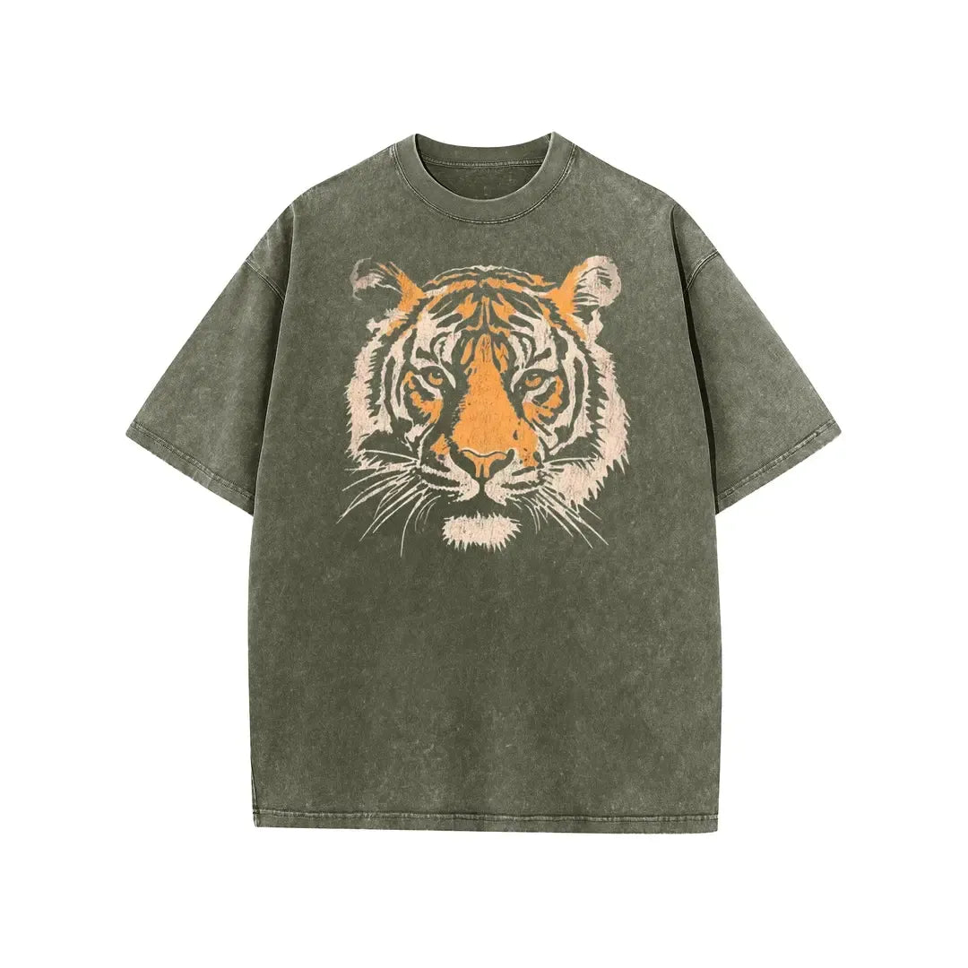 Women's Vintage Tiger Graphic Crew Neck Short Sleeves Loose-Fit Acid Washed Heavy Weight Cotton Tshirt - Stylish Streetwear Foldable Tee for Back to School