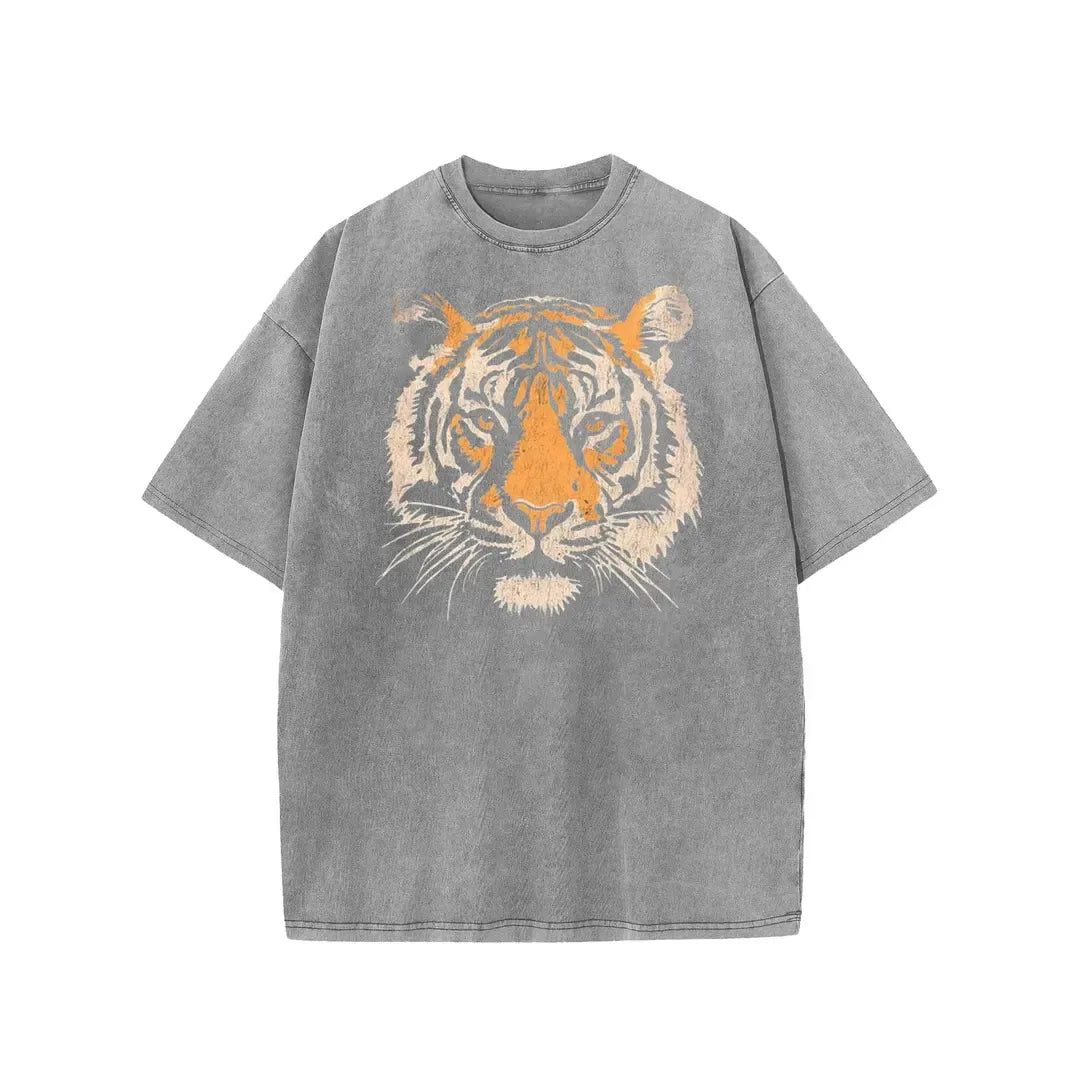 Women's Vintage Tiger Graphic Crew Neck Short Sleeves Loose-Fit Acid Washed Heavy Weight Cotton Tshirt - Stylish Streetwear Foldable Tee for Back to School