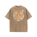 Women's Vintage Tiger Graphic Crew Neck Short Sleeves Loose-Fit Acid Washed Heavy Weight Cotton T-shirt - Stylish Streetwear Foldable Tee for Back to School