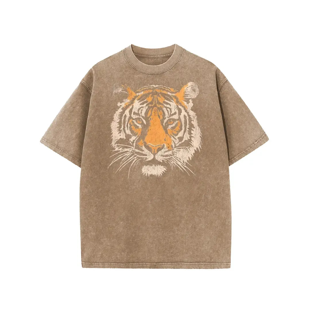 Women's Vintage Tiger Graphic Crew Neck Short Sleeves Loose-Fit Acid Washed Heavy Weight Cotton Tshirt - Stylish Streetwear Foldable Tee for Back to School