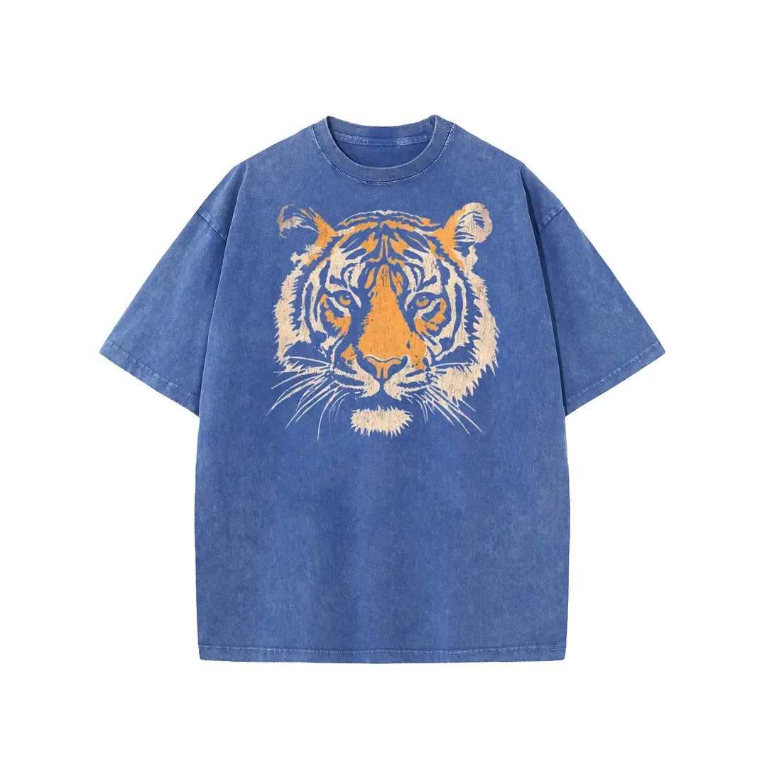 Women's Vintage Tiger Graphic Crew Neck Short Sleeves Loose-Fit Acid Washed Heavy Weight Cotton Tshirt - Stylish Streetwear Foldable Tee for Back to School